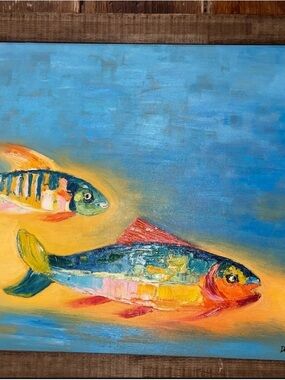 Hand-Painted Blue & Orange Fish Wall Art for Aquariums